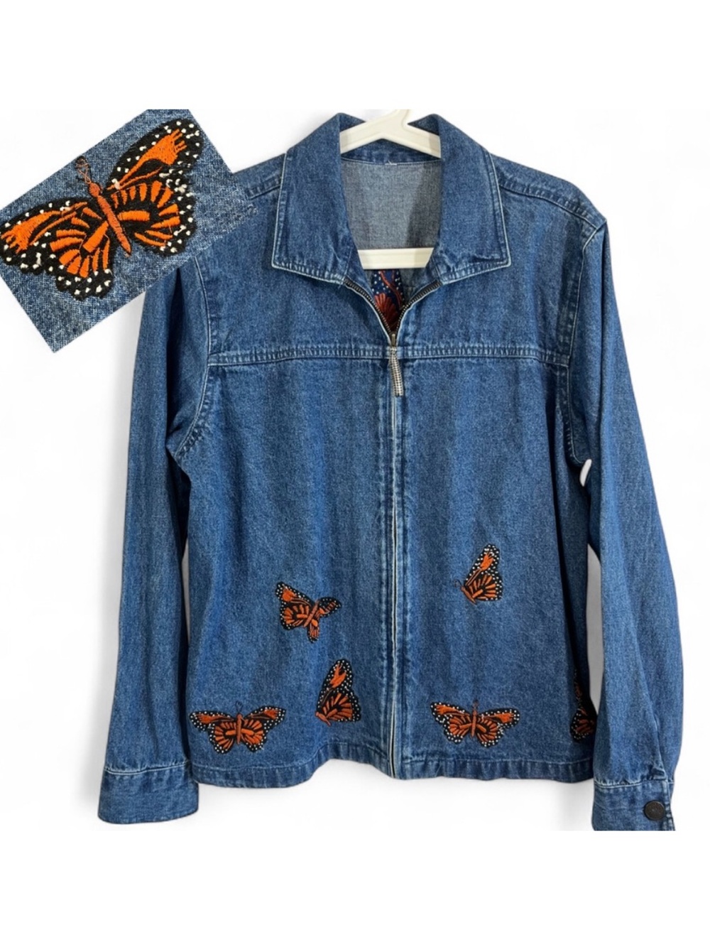 VTG Embroidered Butterfly Denim Jacket Large 80s-90s Era Zip Front Monarch